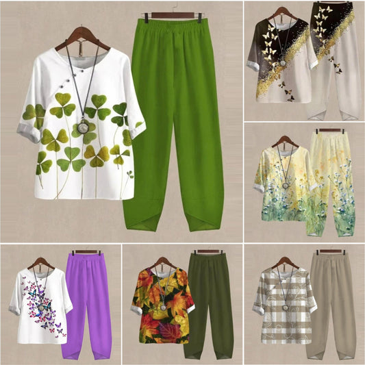 🔥🔥【50% ОТСТЪПКА】[M-5XL] Двукомпонентен моден ежедневен комплект, блуза с принт + панталони