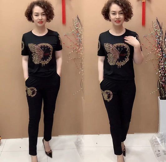 най-продавани【M-5X】]Дамски топове и панталони с кристали в големи размери