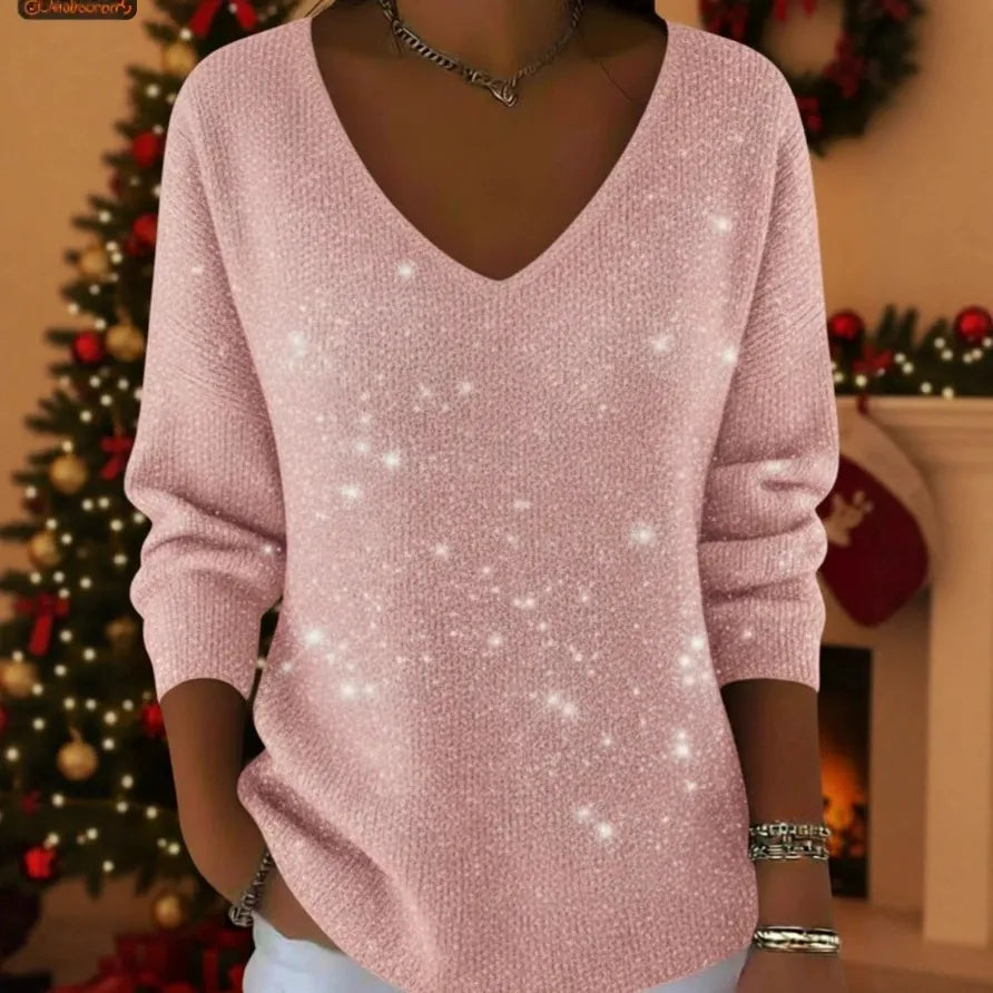 Нов дамски пуловер с дълъг ръкав и V-образно деколте