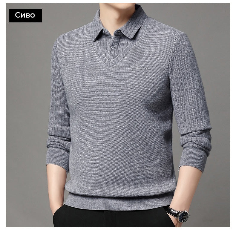 Мъжка Псевдо-Двуделна Топла Тениска с Поли Яка