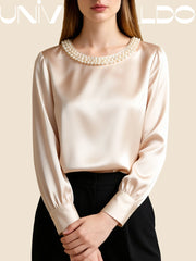 Сатенена Блуза с Кръгла Яка и Перли