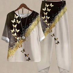 🔥🔥【50% ОТСТЪПКА】[M-5XL] Двукомпонентен моден ежедневен комплект, блуза с принт + панталони