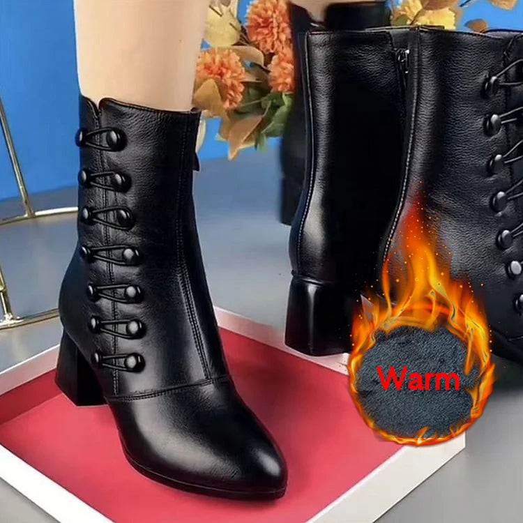 Горещи продавани🔥Дамски топли кожени ботуши със странична катарама