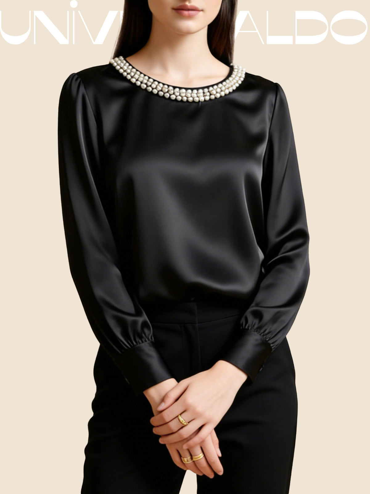 Сатенена Блуза с Кръгла Яка и Перли