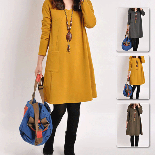 🔥【50% ОТСТЪПКА】Ново постъпление: Най-продавана ежедневна рокля в един цвят с широка кройка