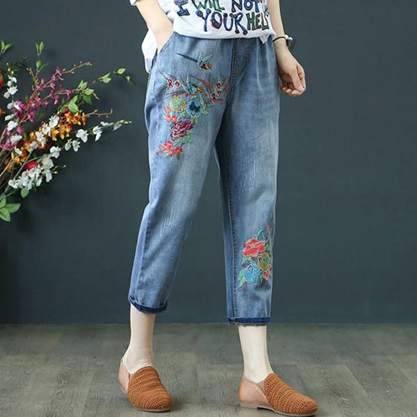 ✨😍🎉【горещи продажби】【40-90kg】Винтидж широки дънки с бродирани крачоли