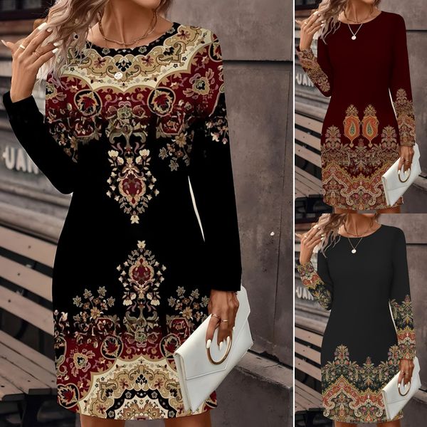 🔥🥰【S-3XL】Нова рокля с щампа и кръгло деколте