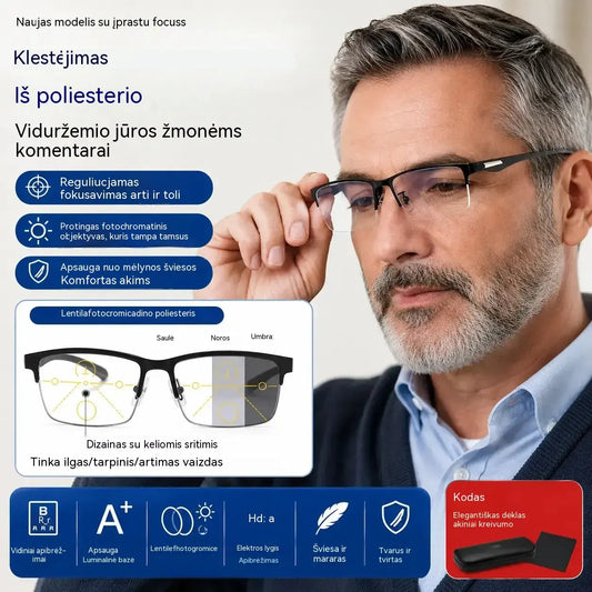 👓 Aiškus matymas be vargo – multifokaliniai skaitymo akiniai su fotochrominiais lęšiais ir mėlynos šviesos apsauga ✨