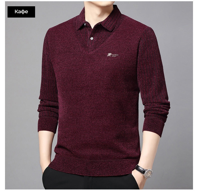 Мъжка Псевдо-Двуделна Топла Тениска с Поли Яка