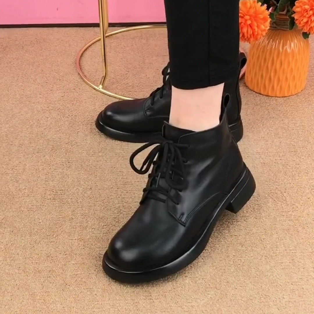 🎉👞Дамски естествена кожа елегантни модни ежедневни ботуши с плоска подметка и заоблени върхове Dr. Martens