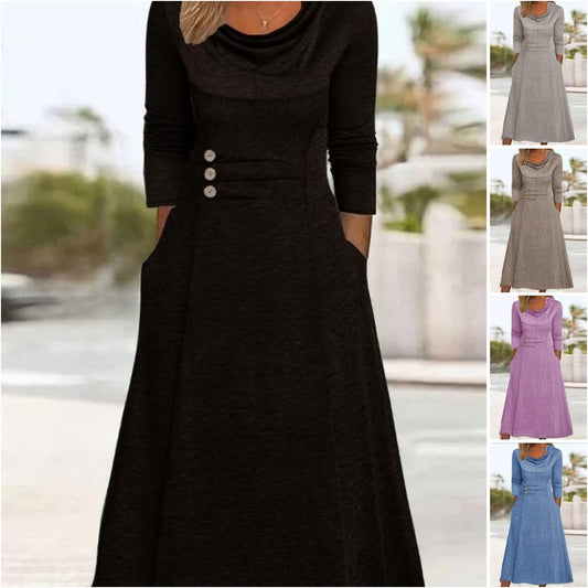 🍁【Ново поступление за есен/зима🔥】👗 Елегантна едноцветна рокля с джобове и обло деколте