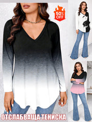 Тениска с V-Яка и Градиентен Принт на Котка