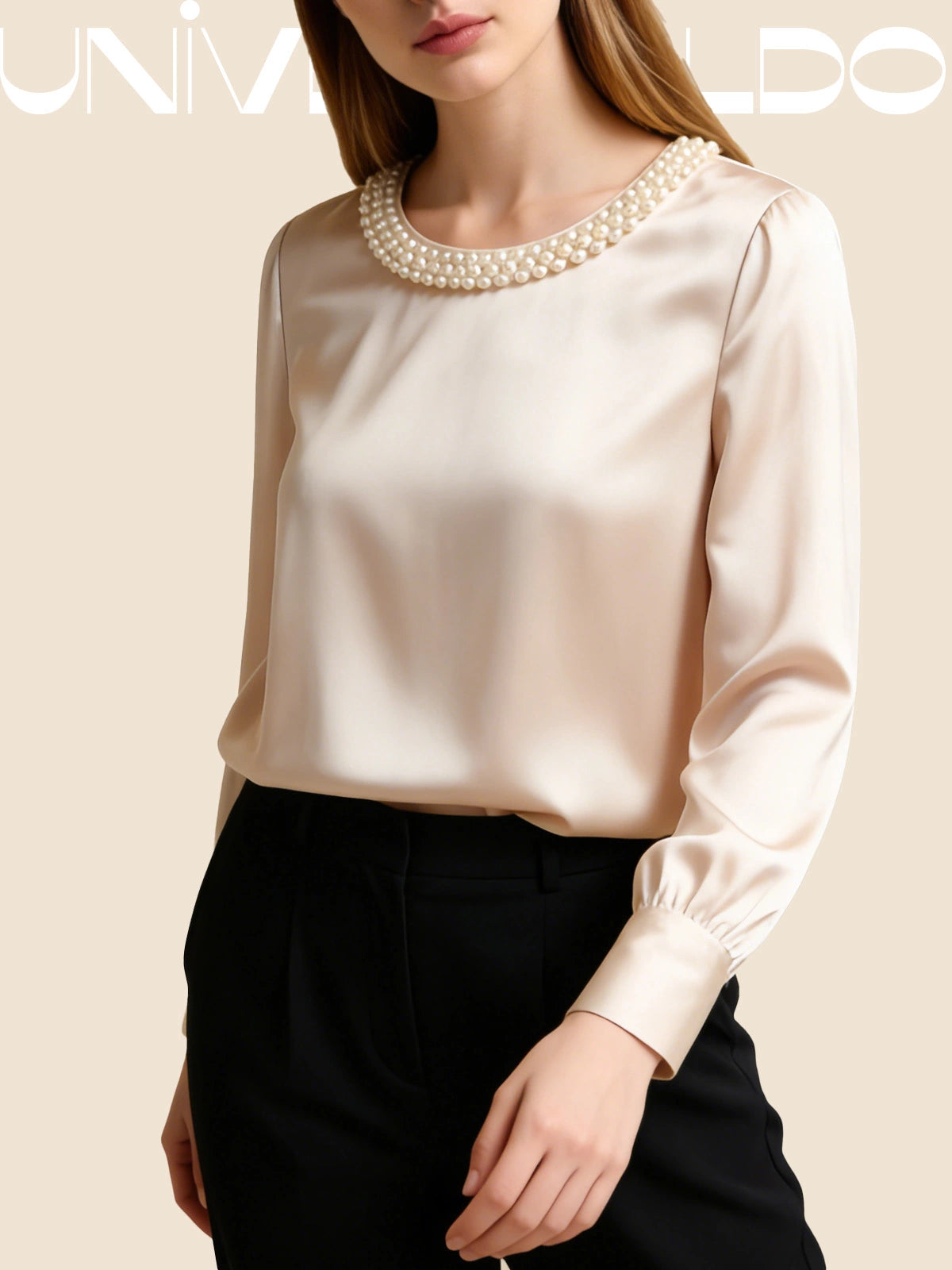 Сатенена Блуза с Кръгла Яка и Перли